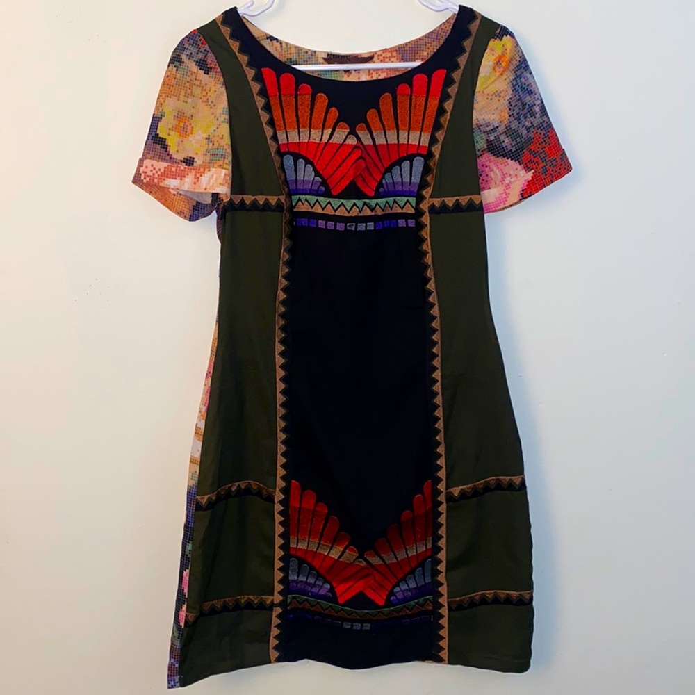 Ranna Gill Anthropologie Rainbow Embroidered Floral Short Sleeve Dress